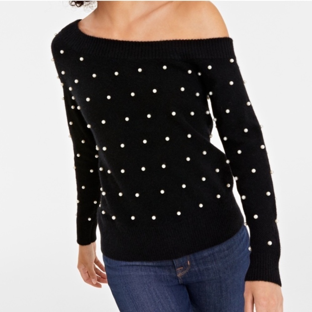 Charter Club Cashmere Pearl Embellished One-Shoulder Sweater Size Small NWT New
